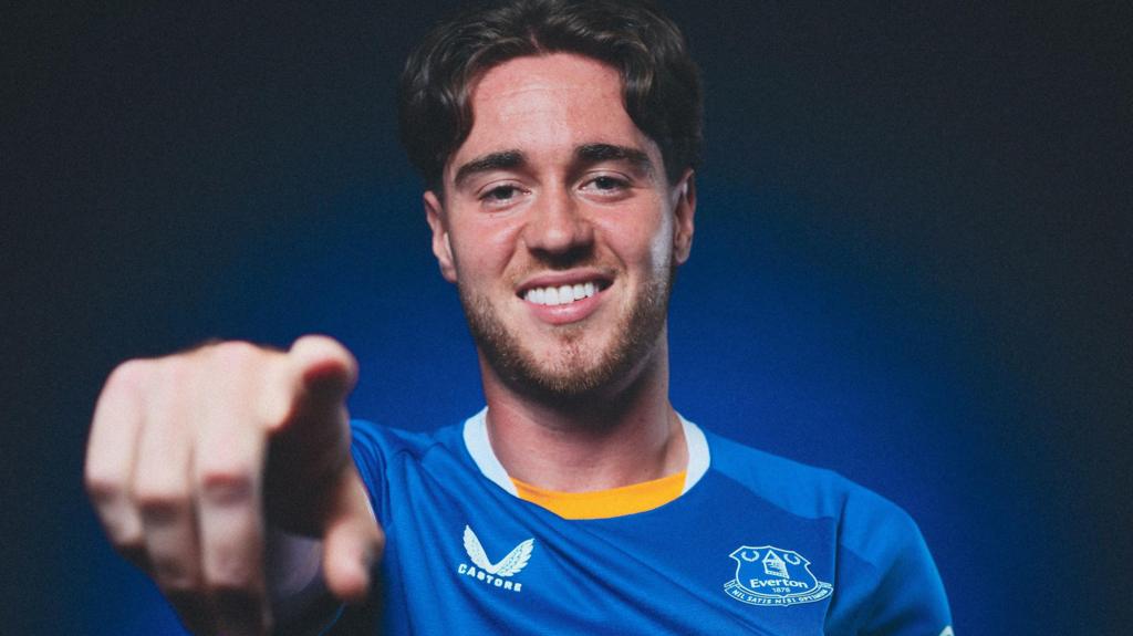 Hayden Hackney pictured in an Everton shirt after signing from Middlesbrough