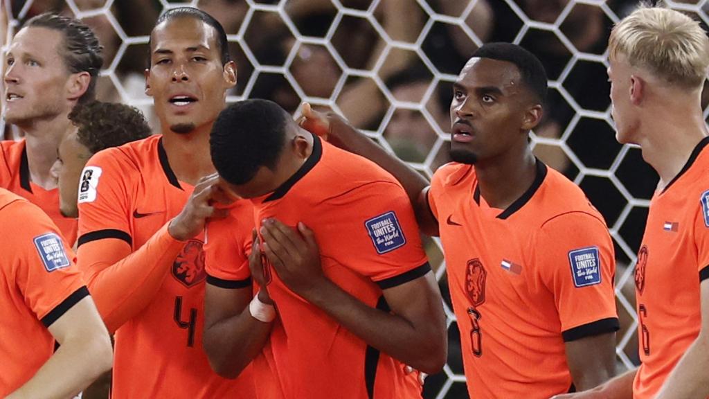 Cody Gakpo celebrates scoring for the Netherlands against Morocco at the 2026 World Cup