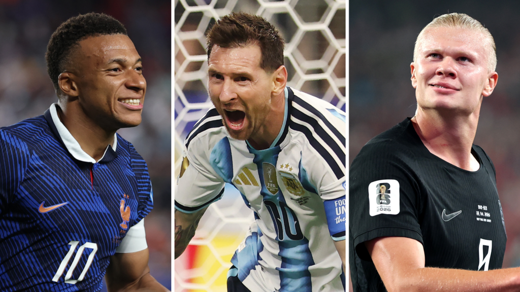 Kylian Mbappe, Lionel Messi, and Erling Haaland competing for the World Cup 2026 Golden Boot